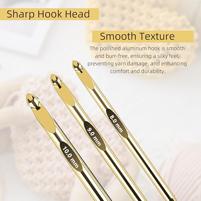 AIYUNDI Tunisian Crochet Hooks Set with Cable, 6-Inch Gold-Plated Aluminum Interchangeable Crochet Hooks 3mm-10mm, Long Crochet Hooks, Lightweight, Anti-Twist Swivel Cables, Ergonomic, Gold 26 PCS