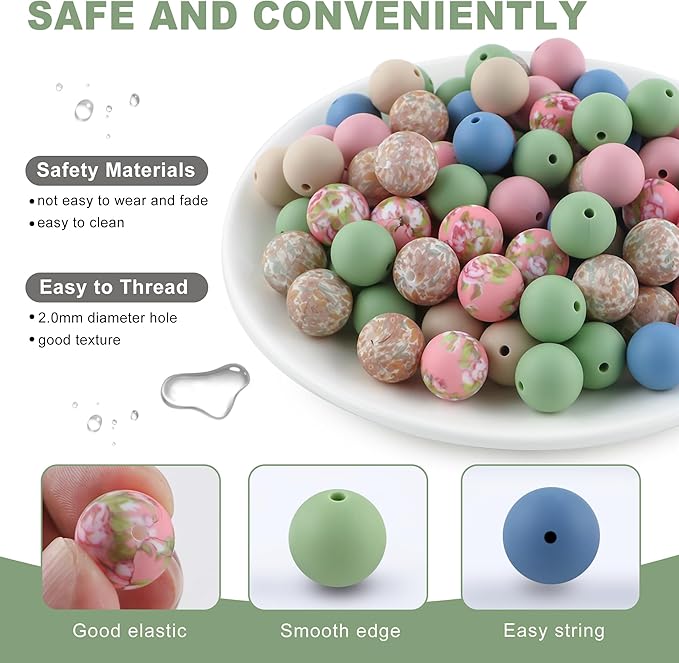 150Pcs Mixed Color 15mm Silicone Beads for Keychain Making, Blush Green Flower Print Silicone Beads for Pens and Bracelet Jewelry Making