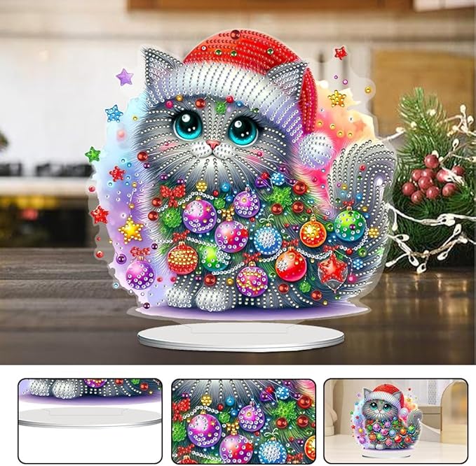 LAKEQUILL Christmas Diamond Painting Kits, Tabletop Ornament, Stand Up Diamond Art Desktop Kits for Home Office Decor, New Year Gift - Christmas Cat