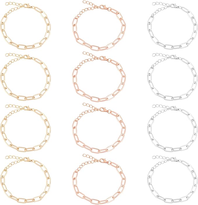 NBEADS 12 Pcs 8" Alloy Paperclip Chains, 12x6x1mm Link Chain Bracelets Necklace with Lobster Claw Clasps for Necklace Jewelry Accessories DIY Making, 3 Colors