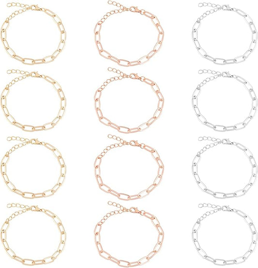 NBEADS 12 Pcs 8" Alloy Paperclip Chains, 12x6x1mm Link Chain Bracelets Necklace with Lobster Claw Clasps for Necklace Jewelry Accessories DIY Making, 3 Colors
