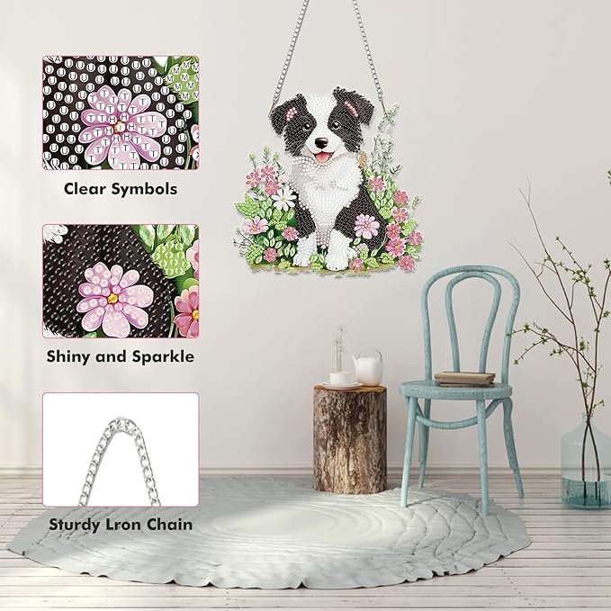 Miwixy Dog Hanging Diamond Art Kits for Adults,Black White Flowers Special Shaped Crystal Diamond Painting Ornament Kit DIY Double-Sided Pattern Window Pendant Gem Art Kit for Home Wall Decor