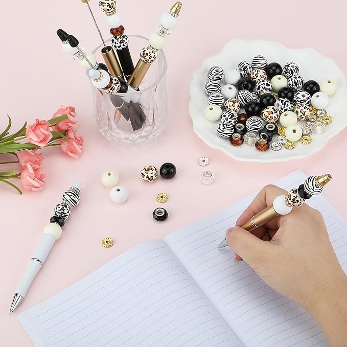 18pcs DIY Beadable Pens Set Pens for Beads Leopard Pattern Beaded Pen Kit for Students Teacher Office Supplies DIY Making Gifts(Classic Leopard)