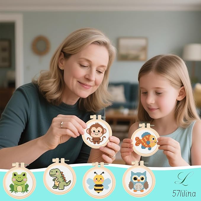 57lilina Cross Stitch Kits for Kids - 6 Set Easy Beginners Embroidery Kit for Kids, DIY Cute Pre Printed Stamped Crossstitch Needlepoint Patterns Craft for Backpack Charms, Keychains & Girls Gifts