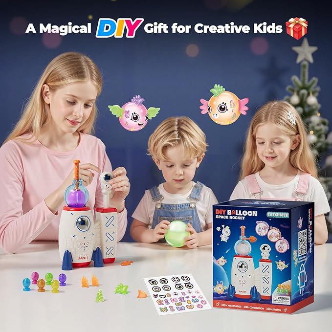 pinshile diy space magic balloon craft kit, sticker decorated balloons toy for kids, rocket air pump fun with balloon monster pals, diy creative activity, birthday gifts for girls boys ages 3+
