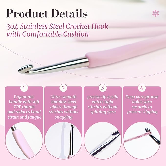 Yarniss Apex Crochet Hooks Set with Case 2.0mm~4.0mm,Hand-Polished Stainless Steel Crochet Hooks with Ergonomic Handle, Pointed Crochet Needle with Deep Groove