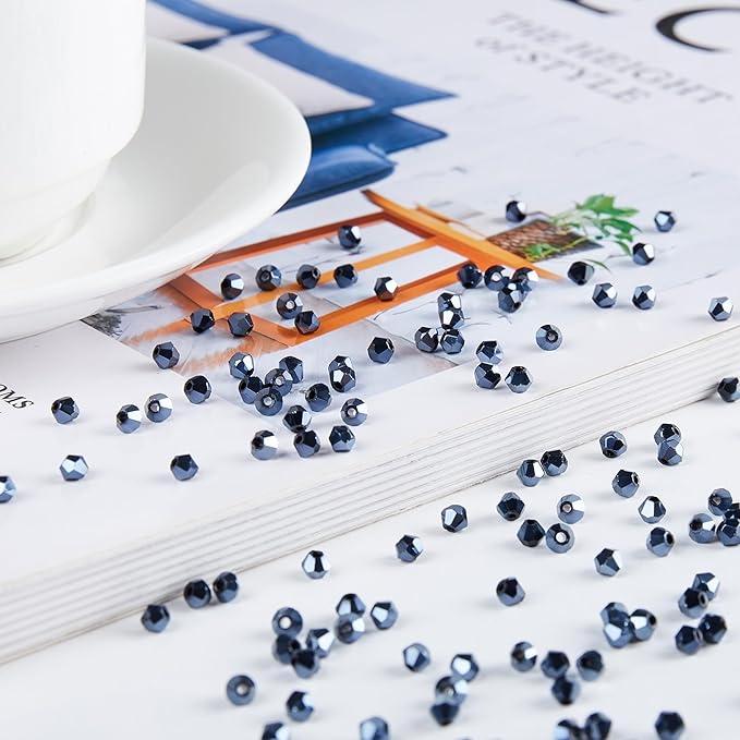 laopottbeads 1200pcs 3mm bicone crystal glass beads for jewelry making, sparkling mini beads for suncatchers, diy bracelets & craft projects (navy blue)