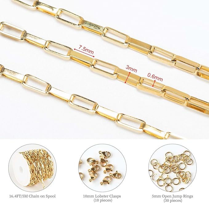 KYUNHOO 16.4 Feet/5M Gold Plated Box Chain Bulk Stainless Steel Jewelry Making Chains 3MM Thin Square Link Jewelry Chains for Necklace Bracelet DIY with Jump Rings and Lobster Claps