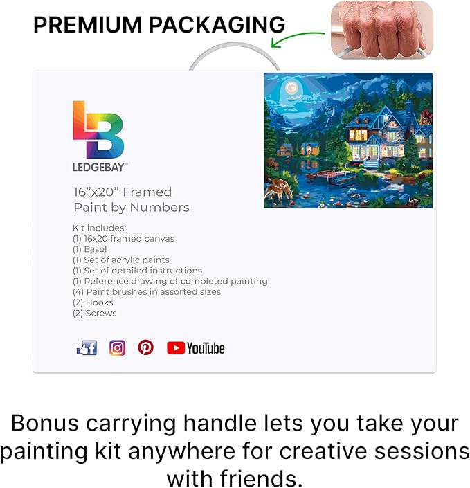 Ledgebay DIY Paint by Numbers Kit for Adults Framed Canvas Beginner to Advanced Paint by Numbers Kit Kits Include Acrylic Paint Set Brushes Tabletop Easel (House Near The Lake 16"x20" Framed)