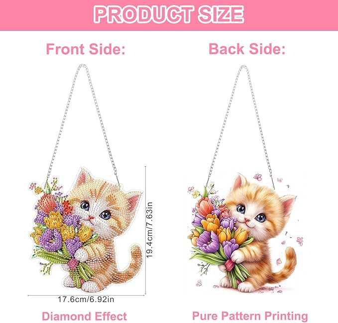 QENSPE Cute Cat Diamond Art Hanging Kits for Adults, 5D Special Shape Diamond Paingting Ornaments Kits with Chain, DIY Flowers Crystal Window Pendants for Home Garden Wall Decor Double Sided 8X8 inch