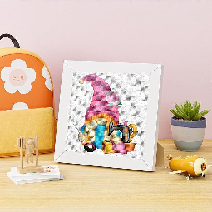 VIGEGU Gnome Cross Stitch Kits for Adults,Sewing Machine Stamped Cross Stitch Embroidery Kit for Beginners with Wooden Framed, Arts and Crafts for Girls 8-12 Partial 11CT Cross-Stitch 7.9x7.9inch