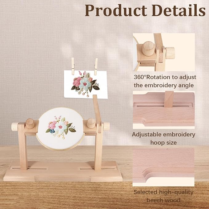 adjustable embroidery hoop stand,embroidery kit with 4pcs different size embroidery hoops,1 embroidery tool kit,1 pair of thimbles,wooden embroidery hoop holder for beginners.