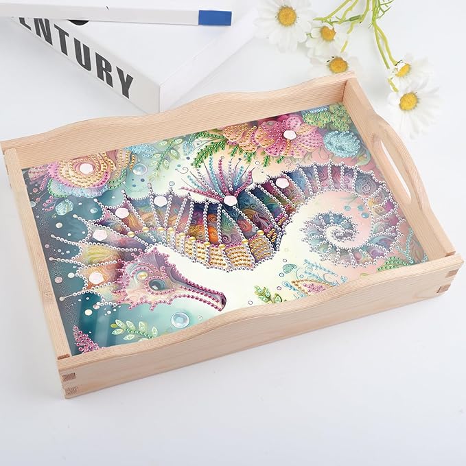 AiYuanzsh 5D Diamond Art Tray with Handle for Adults DIY Diamond Art Plate Kits Seahorse Picture Diamond Art Painting Dinner Plate for Coffee Living Room Home Organizer Parties Family Gatherings