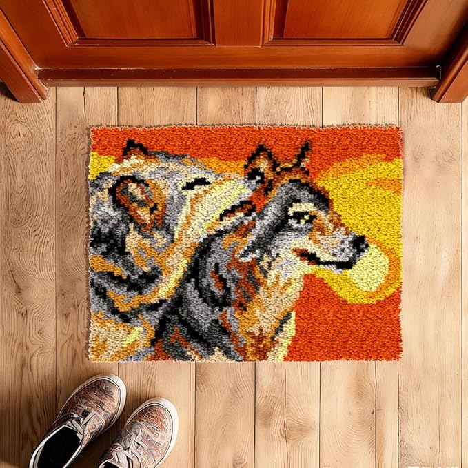 ORIGACH Wolf Latch Hook Rug Kit for Adults Printed Rug Making Kit Handmade Carpet Tapestry Cover with Hook Latch and Preprinted Canvas, Home Arts Crafts Sofa Decor, 20.5x15inch