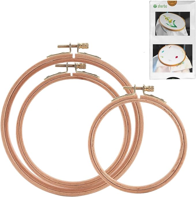 Sherbo 3 Pieces Beech Wood Embroidery Hoops Set By 4 Inch to 6 Inch Circle Hoop Ring Cross Stitch Cotton for DIY Embroidery Floss Starter of Sewing Art Kits Crafts