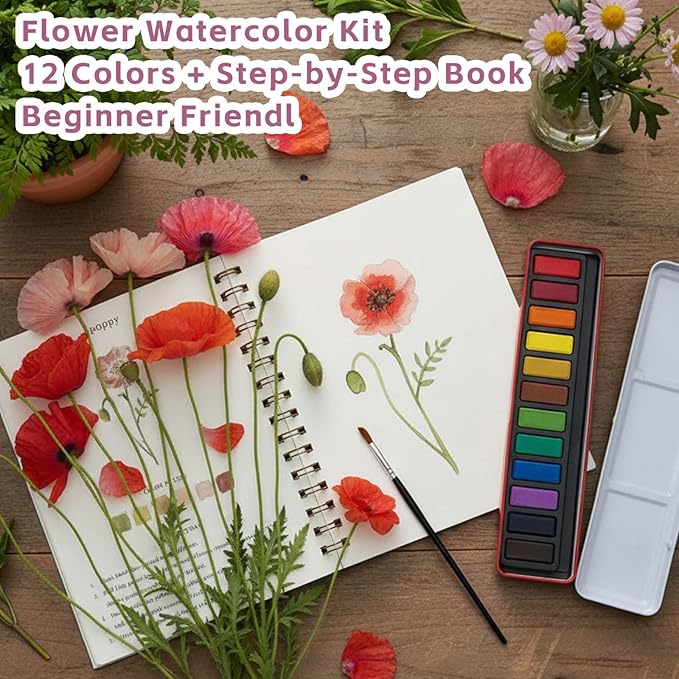 Watercolor Workbooks, Beginner Watercolor Painting Kit – 12 Colors Paint Set with Brush – Perfect for Gifting to Spark Creativity & Joy for Teens & Adults (Christmas)