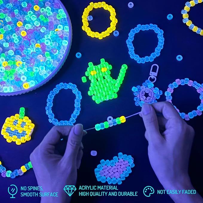3200+pcs Glow in The Dark Pony Beads for Bracelets, 6x9mm Acrylic Neon Halloween Beads Rave Kandi Charms Kids Hair UV Bead for Braids Girls DIY Jewelry Making Crafts Party Supplies