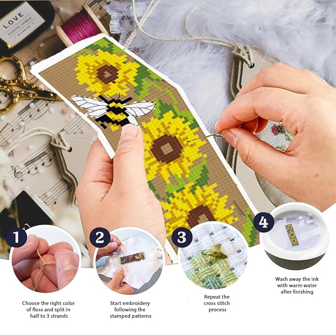 INFUNLY 6pcs DIY Tulips Cross Stitch Bookmark Kits for Adults Beginner 2.99''×8.54'' Calla Stamped Embroidery Bookmark Kit with Instruction Daisy Freesia Embroidery Bookmark Set for Book Lovers