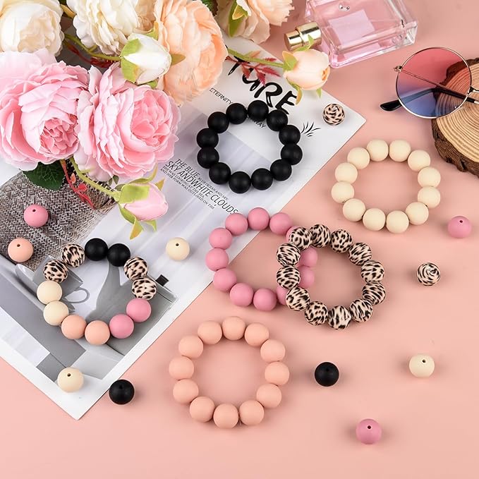 ASTARON 100 Pcs 15mm Silicone Beads for Keychain Making, Pink Black Silicone Round Beads Bulk for Bracelets Pens Crafts Supplies
