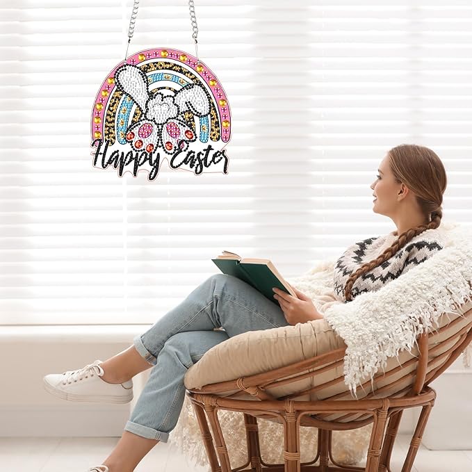 AiYuanzsh DIY Happy Easter Bunny Diamond Art Hanging Ornament, Special-Shaped Crystal Diamond Painting Pendant for Home and Office Decoration