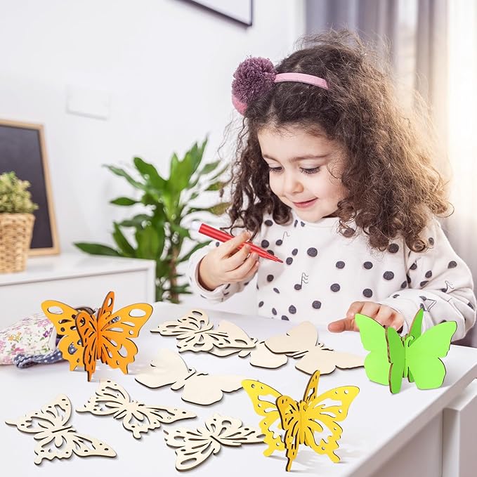 Blosssound 48 Pcs Spring Crafts Set 36 Wood Butterfly for Crafts 3D Butterfly Cutouts with 12 Colored Pens Wooden Unfinished Slices for Painting Summer Tiered Tray Tabletop Decor DIY Handmade