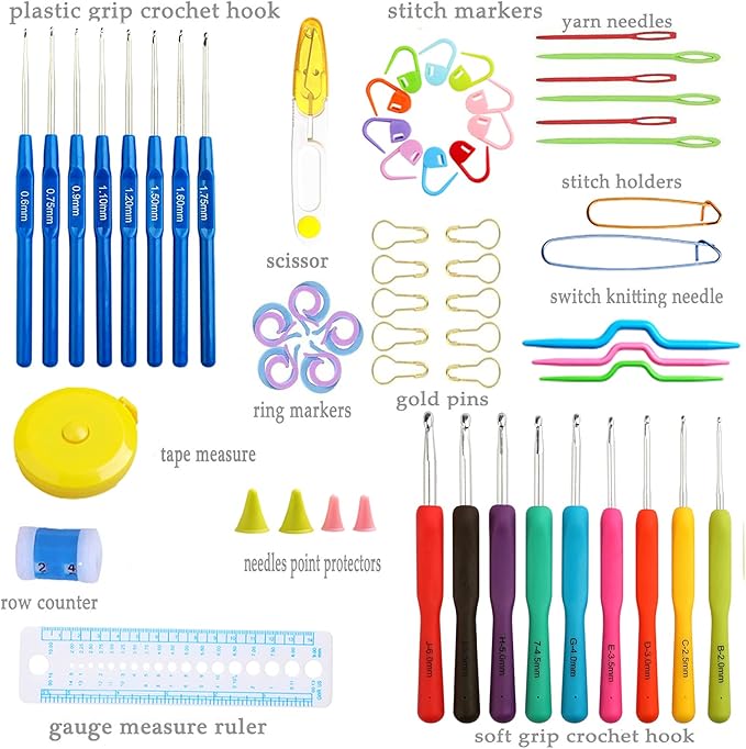 Looen Crochet Hooks Set-Yarn Needles Coloured Aluminum with Storage Case Rubbery Handle Ergonomic Comfort Grip DIY Craft Handmake Kit 47pcs