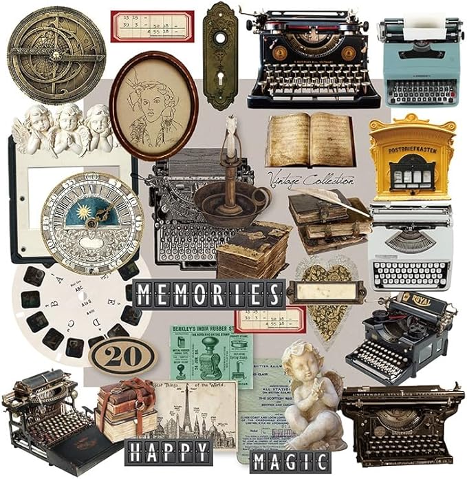 CATaireen Vintage Junk Journal Items Kit Pre Cut Paper Cards Cutout Cardstock Art Aesthetic Decor Hollow Out Craft Elements Small Embellishments Supplies for Adults Scrapbook Pack (Typewriter)