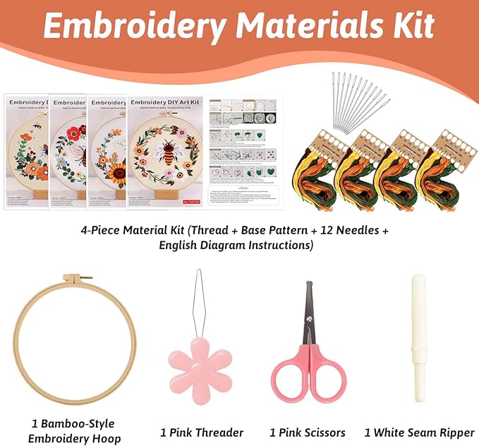 Fakindiy 4 Sets Embroidery Kit for Beginners, Bee Cross Stitch Set for Complete Starter Kit with Hoop, Threads, Needles & Tools,Hand Craft Gift for Lovers (ColorB-bee Pattern)