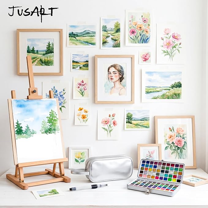 jusart 100 colors watercolor paint set,travel watercolor set with handbag,art supplies with metallic color, detail painting brushes, water brush pens, portable watercolor supplies for artists, professionals