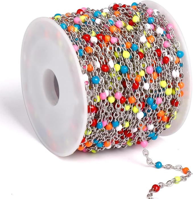 33 Feet Stainless Steel Enamel Chains Bulk, 2mm 304 Stainless Steel Colorful Enamel Beaded Cable Link Chain Roll Spool for Jewelry Making