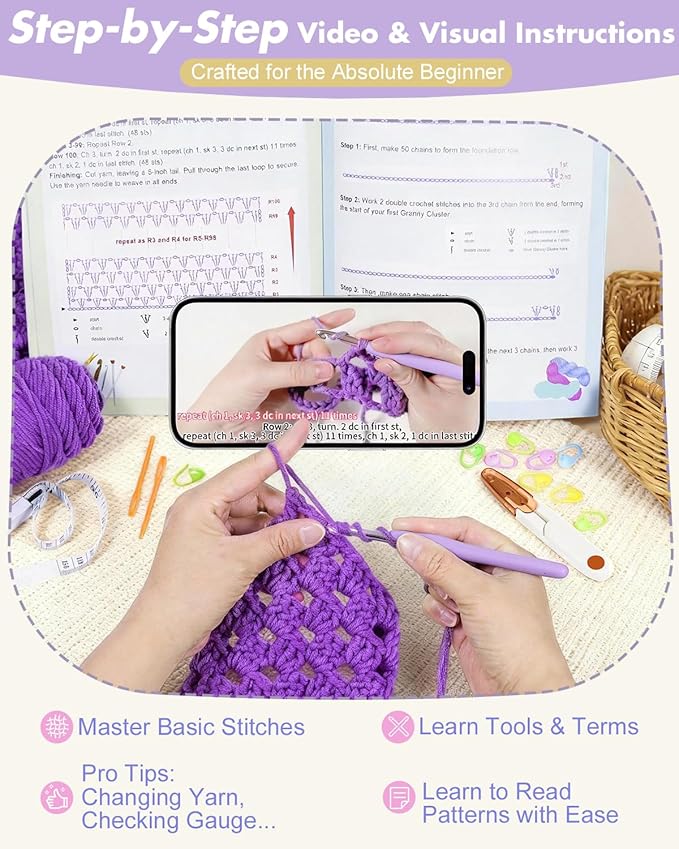Arborthread Crochet Kit for Beginners, Easy Pocket Shawl & Scarf Crochet Kit for Adults w/Ample Premium Yarn to Fit Different Sizes, Step-by-Step Video & Instructions, Pureple