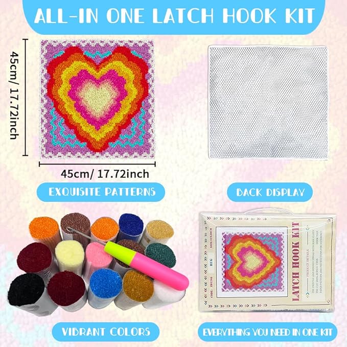 ORIGACH Love Rainbow Latch Hook Rug Kit for Adults Printed Rug Making Kit Handmade Carpet Tapestry Cover with Hook Latch and Preprinted Canvas, Home Arts Crafts Sofa Decor, 17.72x17.72inch
