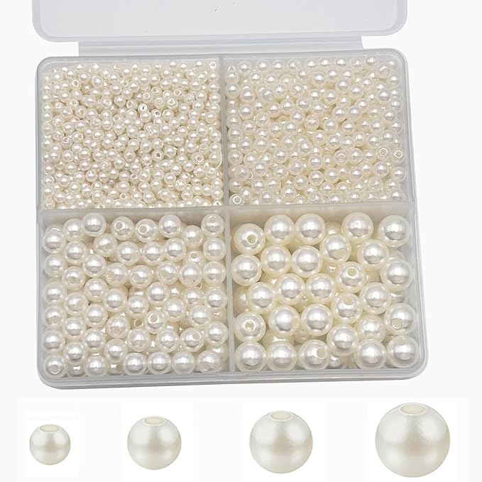 Round Spacer Beads 3/4/6/8mm 4 Size Smooth Ball Beads for Jewelry Making Metal Circle Bead for Bracelet Necklace Earring Making Supply (Pearl)
