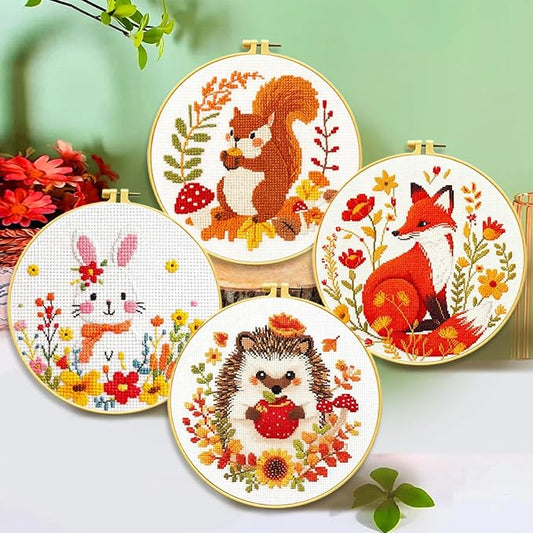 Zhenqing Stamped Cross Stitch Kits for Beginners, Easy-to-Learn Therapeutic Animal Designs with Instructions, DIY Family Craft Kits - Hedgehog, Fox, Squirrel, and Bunny 4-Piece Set (69037)
