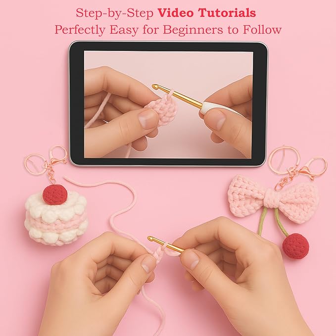 HOUSE CREATIVITY Crochet Keychain Kit for Beginners – Make 2 Cute Cake & Bow Charms, Amigurumi Crochet Starter Kit with Video Tutorial, Yarn & Keyring, DIY Bag Charm Gift