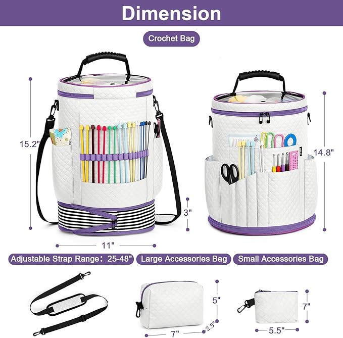 IBFUN Crochet Yarn Knitting Bag 3PCS - Expandable Yarn Storage Organizer Crocheting Bag with Accessories Cases Adjustable Strap for Hooks, Needles, Accessories, Crochet Lovers, Supplies, Beginners