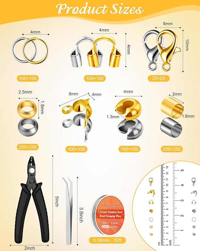 1950 Pcs Jewelry Making Cord End Kit,Crimp Tube Beads with Organizer Box,Includes Crimp Beads, Cover, Lobster Clasp,Jump Ring,Wire Guardians,Crimping Pliers & Beading Wire for Bracelets Necklace