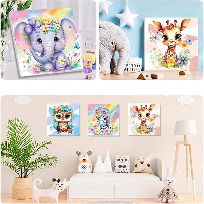 4 Pack Animal Paint by Number for Kids with Wooden Frame, Paint by Numbers for Kids Animals Ages 4-8-12, Easy Elephant Owl Giraffe Zebra DIY Acrylic Oil Painting Kits for Home Wall Decor (8X8 inch)