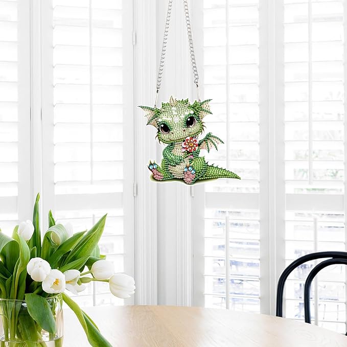 Green Dragon Diamond Painting Kit – 5D DIY Acrylic Pendant with Special Shaped Rhinestones, Cute Fantasy Animal Hanging Ornament for Wall, Window, Door, or Car Mirror Décor, Gift for Adults and Teens