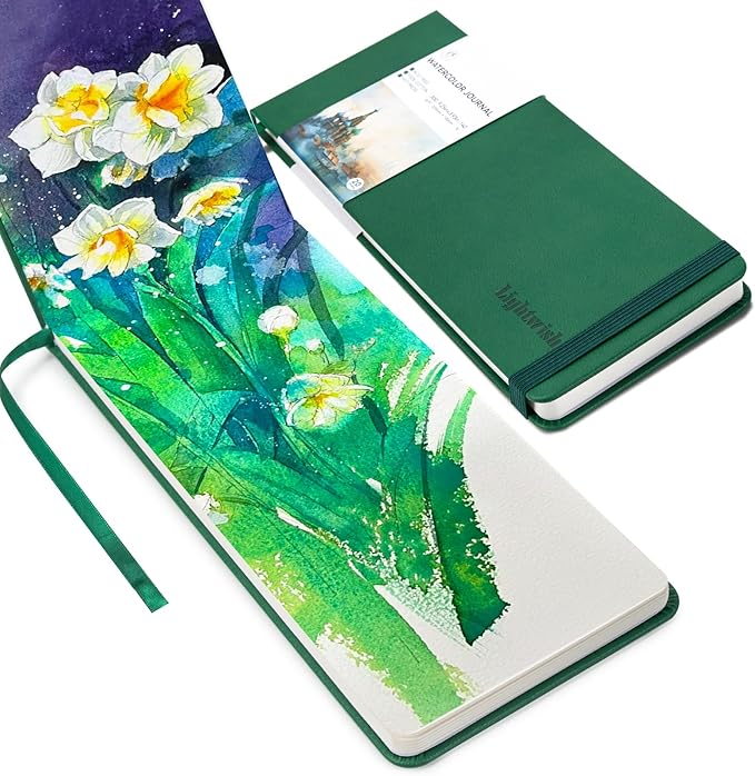 Lightwish Watercolor Journal, 100% Cotton Hot Press Watercolor Paper Sketchbook 9.25” x 3.93”, 20 Sheets (140lb/300gsm), Acid-Free for Watercolors, Gouache, Acrylics