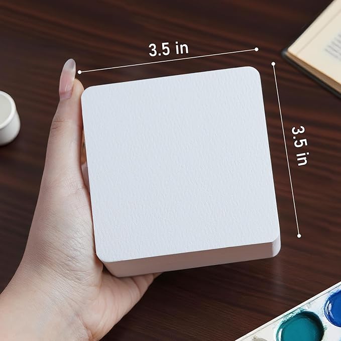 FLUNBRATO 80 Sheets Mini Watercolor Paper Pads, 3.5 x 3.5 Inch, 100% Cotton, Hot Press Acid Free Tiny Travel Watercolor Notebooks, Two-Edge Glue Binding Compact Mixed Media for Painting
