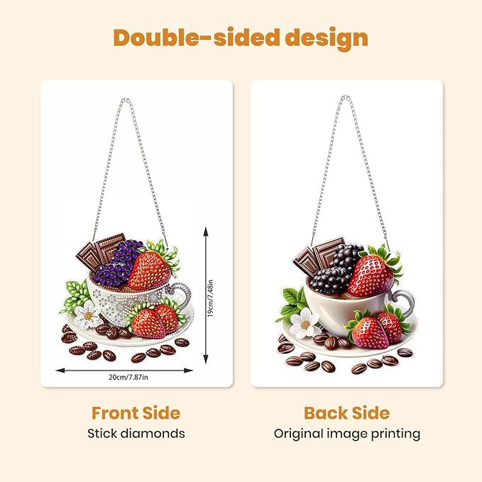 MXJSUA Strawberries Coffee Diamond Painting Art Window Suncatchers, Diamond Art Kits for Adults Hanging Ornaments with Chain, 5D Special Shape Crystal Diamond Pendant Accessories for Decor Gift
