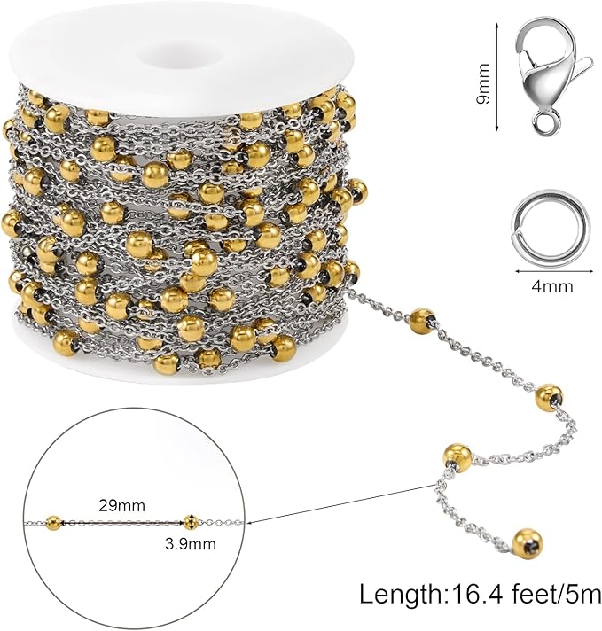 SMYHTGLIF 16.4 Stainless Steel Cable Chain Gold Bead Chain for Jewelry Making DIY Craft Jewelry Making Supplies