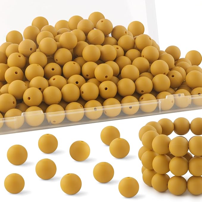 150Pcs 15mm Silicone Beads for Keychain Making Bracelet Necklace, Bulk Round Silicone Beads for Pens(Mustard Yellow)
