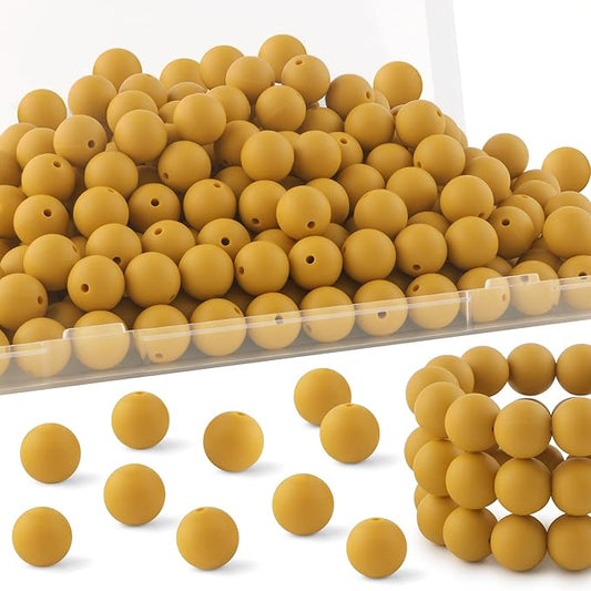 150Pcs 15mm Silicone Beads for Keychain Making Bracelet Necklace, Bulk Round Silicone Beads for Pens(Mustard Yellow)