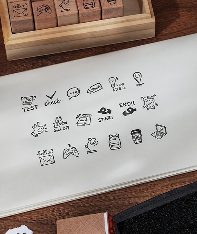 18pcs School Study Theme Wooden Rubber Stamps Kit, Cute Small Stamps for Decorative Diary Planner DIY Craft Scrapbook Card Making Letters Journal
