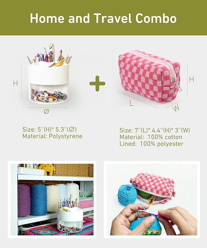 Crochet Hook Case & Bag Combo, 360° Rotating Crochet Hooks Holder for Craft Table, Plus an On-the-go Crocheting Project Organizer Bag