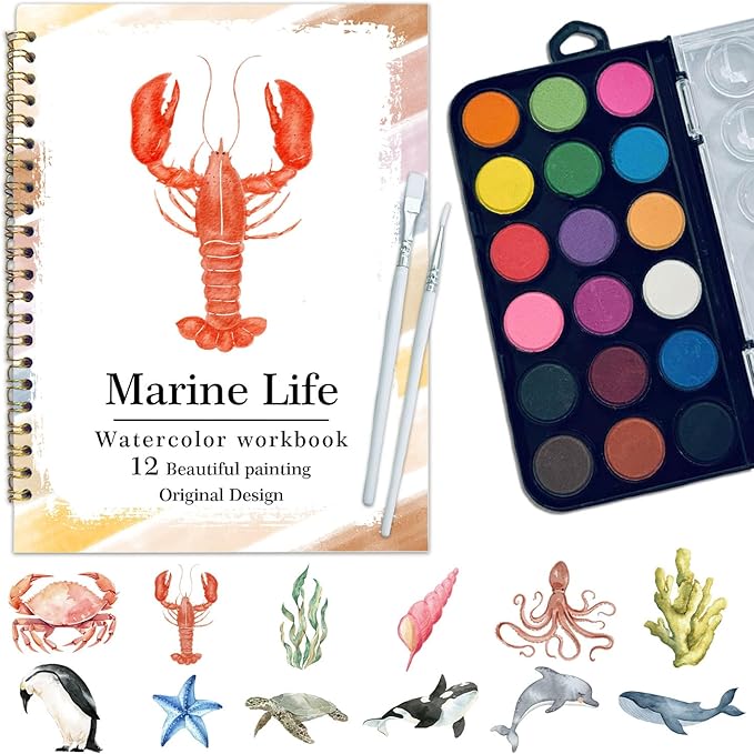 Watercolor Workbook, Water Coloring Book, 12 Different Patterns of Original DIY Designs, 18 Colors Watercolor Paint Set, Beginner-Friendly Watercolor Workbooks(Marine organisms)