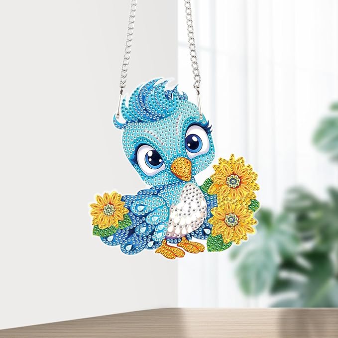 AiYuanzsh DIY Blue Bird Diamond Art Hanging Kit, Flower 5D Acrylic Diamond Painting Pendant Ornament, Crystal Art Suncatcher for Home Wall Decor Gift