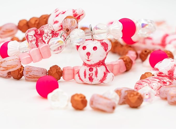 1.4oz (40g) Limited Mix of Czech Glass Beads, Hand Made Set Kit, Crystal AB Pink Cute Bear Beads